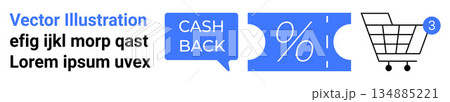 E-commerce, online shopping, discount offers, cashback deals, retail campaigns, customer engagement. Shopping cart with notification, cashback voucher percentage symbol. Online shopping and discount E-commerce, online shopping, discount offers, cashback deals, retail campaigns, customer engagement. Shopping cart with notification, cashback voucher percentage symbol. Online shopping and discount 134885221