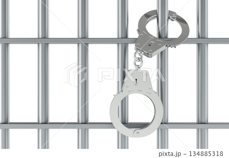 Handcuffs on prison bars - arrest concept, 3D rendering 134885318
