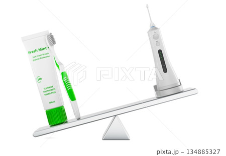 Toothbrush with toothpaste and water flosser. Dental hygiene balance concept. 3D rendering 134885327