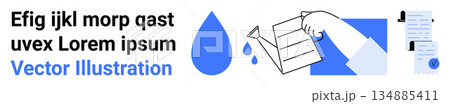 Water conservation, resource management, sustainability, environmental awareness, document management, ecological practices. Hand holding a droplet and documents. Water conservation and resource 134885411