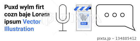 E-commerce, voice recognition, online shopping, communication technology, mobile interface, digital marketing. Microphone, smartphone with a store app and speech bubble icons. E-commerce and voice E-commerce, voice recognition, online shopping, communication technology, mobile interface, digital marketing. Microphone, smartphone with a store app and speech bubble icons. E-commerce and voice 134885412