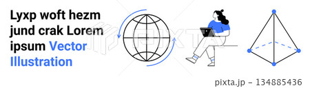 Education, global communication, technology, learning, geometry, and work-from-home. ion of a globe, geometric shape and a person using a laptop. Education and global communication concept Education, global communication, technology, learning, geometry, and work-from-home. ion of a globe, geometric shape and a person using a laptop. Education and global communication concept 134885436