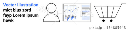 Business analytics, data visualization, e-commerce, digital marketing, user interface design, shopping trends. Minimal vector icons of graphs, a user profile and a shopping cart. Data visualization Business analytics, data visualization, e-commerce, digital marketing, user interface design, shopping trends. Minimal vector icons of graphs, a user profile and a shopping cart. Data visualization 134885448