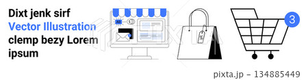 Online retail, e-commerce transactions, digital checkout, product marketing, shopping platforms, cart management. A website, shopping bag and cart are . Online retail and e-commerce transaction 134885449
