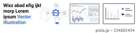 Data analysis, cloud computing, business intelligence, digital marketing, progress tracking, technology tools. Charts with graphs, a hand interacting with a cloud icon. Data analysis and cloud 134885454