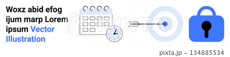 Time management, cybersecurity, goal achievement, productivity, scheduling, and protection. Calendar, clock target with an arrow and lock. Time management and cybersecurity concept 134885534