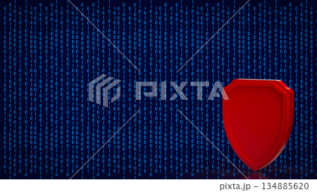 Red Cybersecurity Shield on Binary Data Background 3d render. 134885620