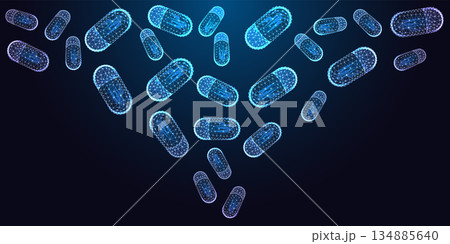 Futuristic biotech and pharmaceutical concept with floating glowing capsules on dark background.  134885640