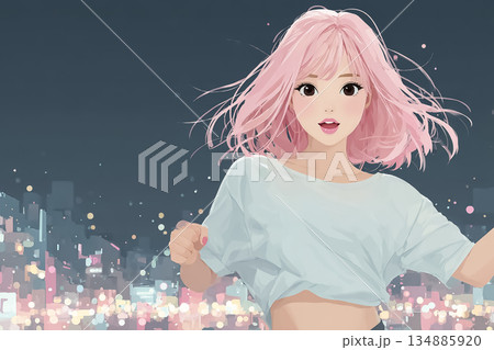絵美シリーズ：ネオン街を駆け抜ける若い女性｜近未来イメージ・躍動感のあるイラスト 134885920