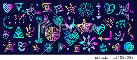 Popular abstract shapes, neon doodle hand drawn set. Hologram gradient isolated signs, ultra acid holographic glow. Hearts, circles, stars, crown, arrows, etc. Vector retro cliparts 134886082