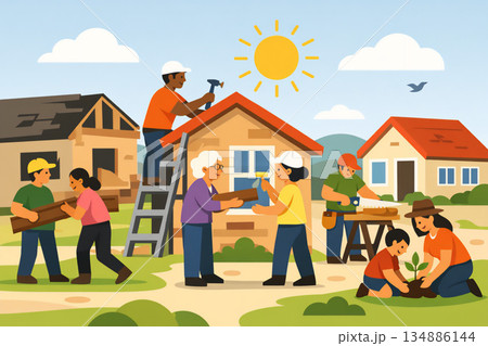 地域の人々が協力して家を修復し復興に取り組むコミュニティイラスト 134886144