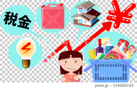物価高騰や増税による生活費の負担増に悩む女性のイラストイメージ 物価高騰や増税による生活費の負担増に悩む女性のイラストイメージ 134886183