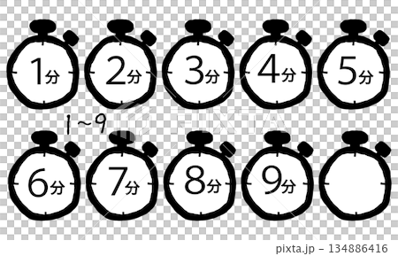 日本語表記の1分刻みの手描きのストップウォッチ 日本語表記の1分刻みの手描きのストップウォッチ 134886416