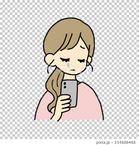 スマホを見て悲しむ女性イラスト スマホを見て悲しむ女性イラスト 134886488