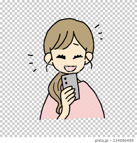 Illustration of a woman laughing at her smartphone Illustration of a woman laughing at her smartphone 134886489