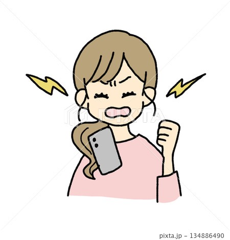スマホを見て怒る女性イラスト スマホを見て怒る女性イラスト 134886490