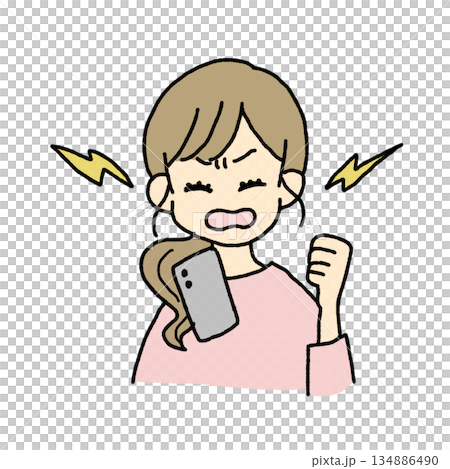 スマホを見て怒る女性イラスト スマホを見て怒る女性イラスト 134886490