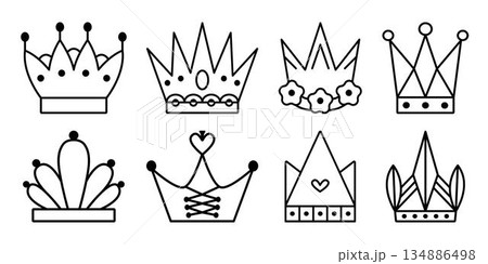 Black line crown icon vector set, monochrome outline signs. Royal cliparts, coronation linear pictograms Black line crown icon vector set, monochrome outline signs. Royal cliparts, coronation linear pictograms 134886498