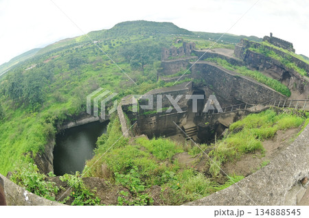 Top  view of Daulatabad Fort is an ancient fort located in Maharashtra, India. Originally named Deogiri,fort built from natural rocks and is very strong. it is a fort built from natural rocks. 134888545