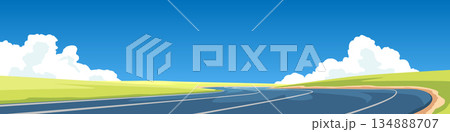 Empty asphalt highway road with curve. Blue sky and green meadow landscape background. Transportation and travel concept vector illustration with copy space. 134888707
