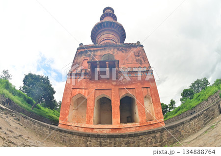 Chand Minar (Tower of the Moon) in Daulatabad fort entrance in maharashtra india.  Built with massive stone walls showcasing medieval military architecture and cultural heritageIt is now an important. 134888764