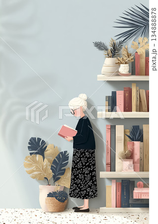 美優シリーズ｜本を読むシニア女性｜穏やかな時間と教養のある生活イラスト 134888878