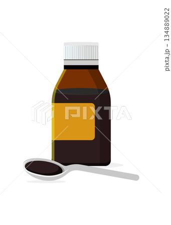 Cough syrup. Medical mixture in spoon and bottle. stock illustration 134889022