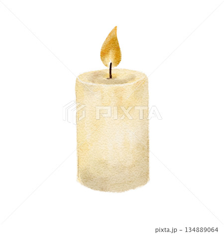 Burning white candle. Hand-painted watercolor clip art isolated on white. Winter and Christmas illustration in warm neutral tones, perfect for holiday cards, cozy decor, invitations, seasonal design 134889064