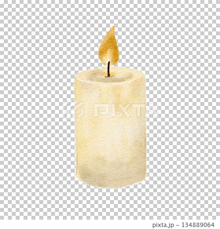 Burning white candle. Hand-painted watercolor clip art isolated on white. Winter and Christmas illustration in warm neutral tones, perfect for holiday cards, cozy decor, invitations, seasonal design 134889064