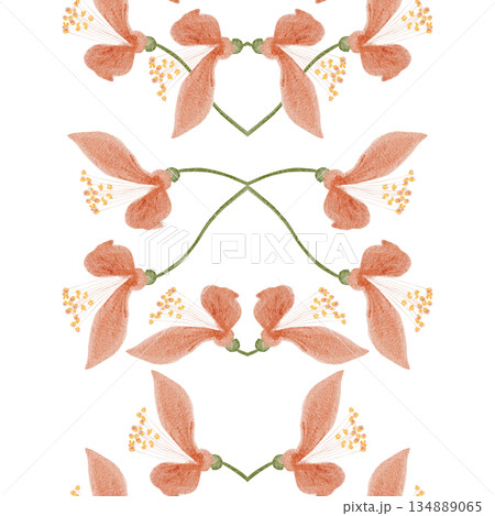 Seamless watercolor floral border, peach blossoms, delicate stems on white background. Elegant vertical botanical design perfect for wedding stationery, invitations, packaging, textiles and decor. 134889065
