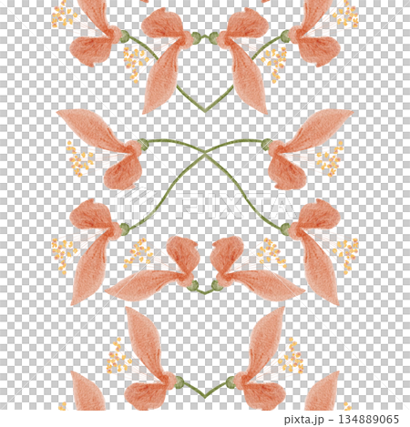Seamless watercolor floral border, peach blossoms, delicate stems on white background. Elegant vertical botanical design perfect for wedding stationery, invitations, packaging, textiles and decor. 134889065