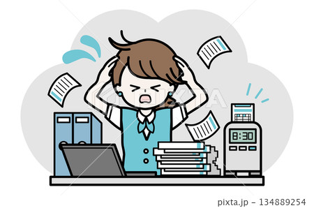 仕事の業務に追われて混乱する女性 大変な事務作業のイラスト 134889254