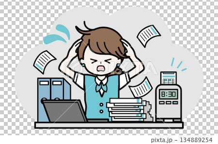 仕事の業務に追われて混乱する女性 大変な事務作業のイラスト 134889254
