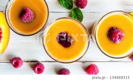 Three clear glasses filled with raspberry peach smoothies show a velvety texture and vibrant colors 134889315