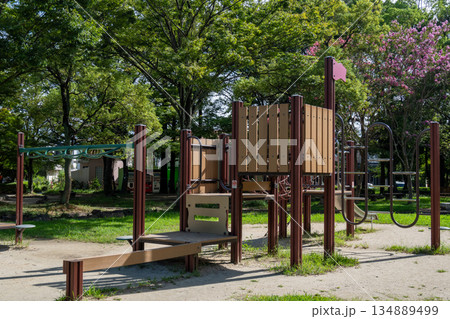 夏の公園とアスレチック遊具 夏の公園とアスレチック遊具 134889499