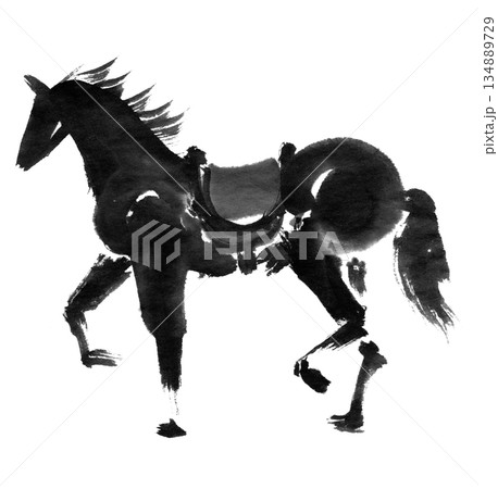 水墨技法で描いた鞍を載せた黒い馬のイラスト素材 [134889729] - PIXTA