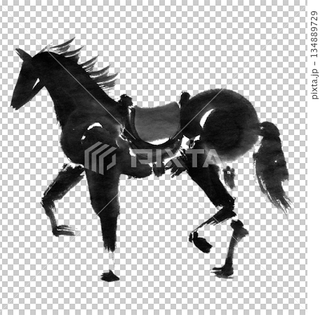 水墨技法で描いた鞍を載せた黒い馬のイラスト素材 [134889729] - PIXTA