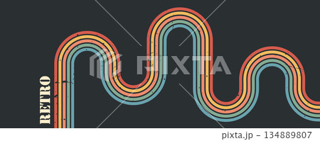 Stripe rainbow groovy. Artistic grunge background with flowing lines and colorful waves for vintage or modern wall design. Retro vector illustration 134889807