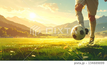 広い屋外フィールドを背景に、サッカーボールを蹴る足元のみを捉えたスポーツシーン。 顔や個人が特定でき 広い屋外フィールドを背景に、サッカーボールを蹴る足元のみを捉えたスポーツシーン。 顔や個人が特定でき 134889899