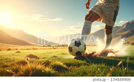 広い屋外フィールドを背景に、サッカーボールを蹴る足元のみを捉えたスポーツシーン。 顔や個人が特定でき 134889900
