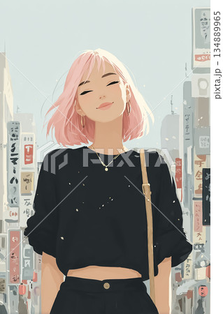 美優シリーズ：ネオン街に立つピンクヘアの若い女性イラスト｜近未来都市とクールな表情 134889965