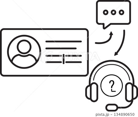 Minimalist outline UI icon of a customer support assistance flow, connecting user profile to chat bubble and helpdesk headset, representing account help, contact support, and troubleshooting for apps, Minimalist outline UI icon of a customer support assistance flow, connecting user profile to chat bubble and helpdesk headset, representing account help, contact support, and troubleshooting for apps, 134890650