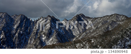 愛鷹山塊の越前岳 雪の北白ガレンより望む厳冬の鋸岳、蓬莱岳(蓬莱山)、呼子岳 パノラマ写真 愛鷹山塊の越前岳 雪の北白ガレンより望む厳冬の鋸岳、蓬莱岳(蓬莱山)、呼子岳 パノラマ写真 134890948