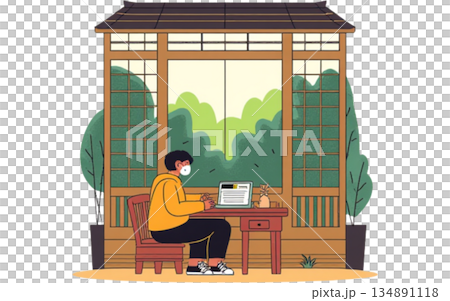 Lifestyle illustration of a person concentrating on work in a room with a view of a lush garden 134891118