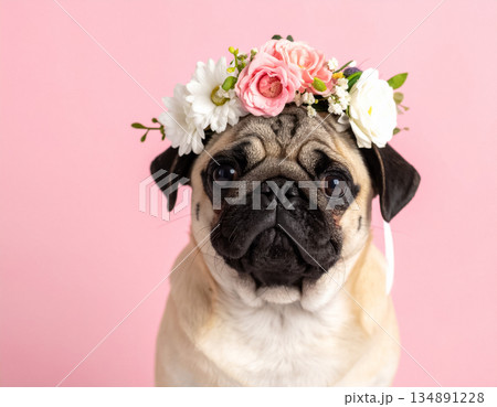 花冠をつけたパグ犬のピンク背景ポートレート 134891228