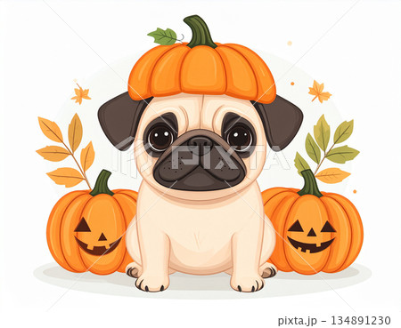 かぼちゃに囲まれたパグ犬のハロウィンイラスト 134891230