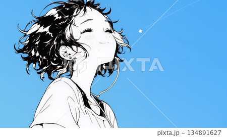 ぼんやり空を見上げている若い女性（シンプルな色使い）