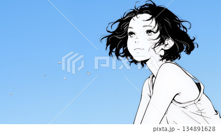 ぼんやり空を見上げている若い女性（シンプルな色使い）