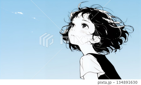 ぼんやり空を見上げている若い女性（シンプルな色使い）