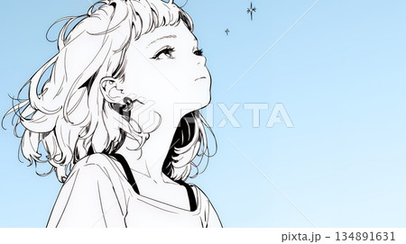 ぼんやり空を見上げている若い女性（シンプルな色使い）